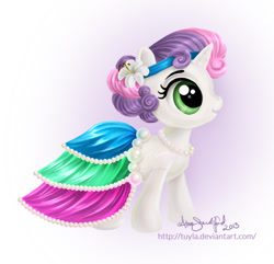 Size: 519x500 | Tagged: safe, artist:paintedhoofprints, character:sweetie belle, alternate hairstyle, clothing, dress, female, flower, flower filly, flower girl, flower in hair, necklace, pearl necklace, solo