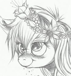 Size: 931x994 | Tagged: safe, artist:derp-my-life, character:derpy hooves, species:pegasus, species:pony, :t, blushing, bust, cute, derpabetes, eating, female, floral head wreath, flower, flower in hair, flowerchild, hippie, hippie doo, mare, monochrome, nose wrinkle, puffy cheeks, smiling, solo, traditional art, wip