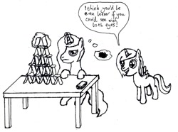 Size: 1024x763 | Tagged: safe, artist:doctorspectrum, character:princess celestia, character:princess luna, card tower, dialogue, filly, monochrome, speech bubble, woona