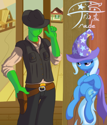 Size: 600x700 | Tagged: safe, artist:kidkaizer, character:trixie, oc, oc:anon, fanfic art, western