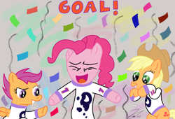 Size: 960x653 | Tagged: safe, artist:iamthemanwithglasses, character:applejack, character:pinkie pie, character:princess luna, character:scootaloo, goal, hockey, nhl