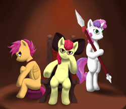 Size: 3830x3304 | Tagged: safe, artist:vicmanone, character:apple bloom, character:scootaloo, character:sweetie belle, species:pony, bipedal, cutie mark crusaders, high res, sitting, spear, trio, weapon