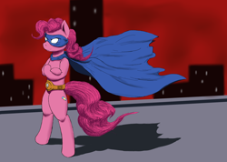 Size: 3486x2476 | Tagged: safe, artist:vicmanone, character:pinkie pie, species:pony, alternate cutie mark, batman, bipedal, cape, clothing, costume, crossover, female, high res, mask, solo, superhero