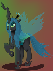 Size: 1723x2324 | Tagged: safe, artist:vicmanone, character:queen chrysalis, species:changeling, changeling queen, female, frown, raised hoof, smiling, solo, standing