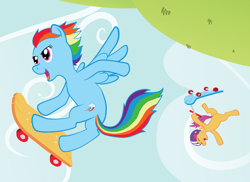 Size: 3300x2400 | Tagged: safe, artist:poniker, character:rainbow dash, character:scootaloo, scooter, skateboard
