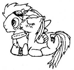Size: 342x325 | Tagged: safe, artist:closer-to-the-sun, character:rainbow dash, character:soarin', ship:soarindash, behaving like a cat, female, licking, male, monochrome, shipping, straight
