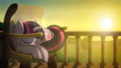 Size: 1920x1080 | Tagged: safe, artist:gign-3208, character:twilight sparkle, species:pony, species:unicorn, g4, balcony, chair, evening, eyes closed, female, mare, scenery, sleeping, solo, sunset, tree, wallpaper