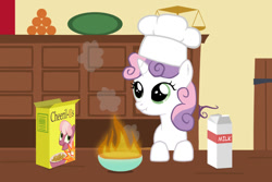 Size: 680x453 | Tagged: safe, artist:ohitison, edit, character:cheerilee, character:sweetie belle, cereal, cheerios, chef's hat, clothing, cooking, female, fire, food, hat, how, milk, pyro belle, scrunchy face, simpsons did it, solo, sweetie belle can't cook, sweetie fail, sweetiedumb, the simpsons, toque