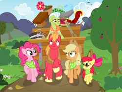 Size: 1600x1200 | Tagged: safe, artist:mozgan, character:apple bloom, character:applejack, character:big mcintosh, character:granny smith, character:pinkie pie, species:earth pony, species:pony, episode:pinkie apple pie, g4, my little pony: friendship is magic, apples to the core, cart, male, scene interpretation, stallion