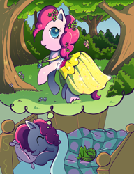 Size: 800x1041 | Tagged: safe, artist:butterscotch25, character:gummy, character:pinkie pie, bed, clothing, dream, dress, sleeping