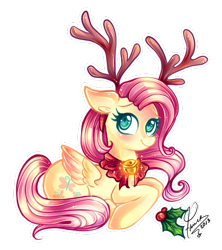 Size: 455x513 | Tagged: safe, artist:caramelflower, character:fluttershy, antlers, bell, bell collar, bow, christmas, collar, female, holly, jingle bells, reindeer antlers, solo