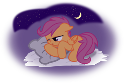 Size: 4828x3253 | Tagged: safe, artist:archonitianicsmasher, character:scootaloo, species:pegasus, species:pony, cloud, crescent moon, cute, cutealoo, female, filly, lidded eyes, moon, on a cloud, pillow, simple background, sleepy, solo, stars, transparent background, vector