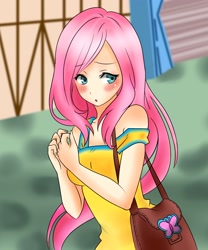 Size: 1280x1537 | Tagged: safe, artist:racoonsan, artist:vocalmaker, edit, character:fluttershy, species:human, blushing, clothing, dress, female, humanized, light skin, solo