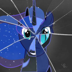 Size: 576x576 | Tagged: safe, artist:scyphi, character:nightmare moon, character:princess luna, broken glass, cracks, duality, female, solo