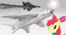 Size: 2650x1440 | Tagged: dead source, safe, artist:pak-faace1234, character:apple bloom, character:scootaloo, character:sweetie belle, colored, cutie mark crusaders, fighter, missile, monochrome, plane, su-27, xf8u-iii super crusader