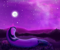 Size: 1522x1279 | Tagged: safe, artist:danfango, character:twilight sparkle, cute, female, glowing horn, horn, lake, looking up, mare in the moon, moon, nebula, night, outdoors, sky, solo, sparkles, stars, twiworm, worm pony