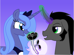 Size: 1041x768 | Tagged: safe, artist:glitteronin, character:king sombra, character:princess luna, ship:lumbra, black rose, floppy ears, moon, rose, s1 luna, shipping, younger