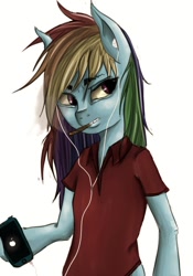 Size: 700x1000 | Tagged: dead source, safe, artist:potheadsam, character:rainbow dash, species:pony, apple (company), bipedal, cigarette, clothing, earbuds, female, hoof hold, iphone, mare, polo shirt, semi-anthro, shirt, simple background, smoking, solo, white background, wingless