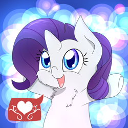 Size: 820x820 | Tagged: safe, artist:mister-true, character:rarity, askfillyrarity, chest fluff, cute, female, fluffy, heart, looking up, open mouth, pictogram, raribetes, smiling, solo