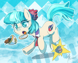 Size: 1219x988 | Tagged: safe, artist:chingilin, character:coco pommel, character:tom, episode:rarity takes manehattan, g4, my little pony: friendship is magic, coffee, drink, falling, female, solo, spilled drink, tripping, working
