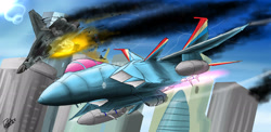 Size: 2950x1440 | Tagged: dead source, safe, artist:pak-faace1234, character:rainbow dash, ace combat, dogfight, f-15s+, fire, manehattan, mig-29, smoke