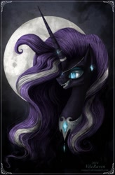 Size: 725x1102 | Tagged: safe, artist:grinu, character:nightmare rarity, character:rarity, bust, digital art, fangs, female, jewelry, moon, necklace, portrait, regalia, solo, teeth