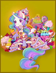 Size: 745x960 | Tagged: safe, artist:saint-juniper, character:princess celestia, cake, candy, clothing, color porn, cupcake, donut, dress, female, food, mouth hold, socks, solo