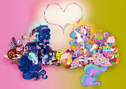Size: 1300x913 | Tagged: safe, artist:saint-juniper, character:princess celestia, character:princess luna, cake, candy, clothing, color porn, cupcake, donut, duo, female, food