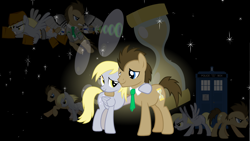 Size: 1280x720 | Tagged: safe, artist:mrflabbergasted, character:derpy hooves, character:doctor whooves, character:time turner, species:pegasus, species:pony, ship:doctorderpy, bubble, cutie mark, female, hourglass, hug, male, mare, necktie, shipping, space, straight, tardis, tiestars, vector, wallpaper