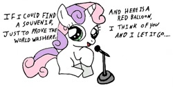 Size: 773x393 | Tagged: safe, artist:closer-to-the-sun, character:sweetie belle, 99 luftballons, 99 red balloons, female, lyrics, microphone, nena, solo, song reference