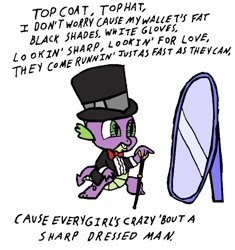 Size: 590x627 | Tagged: safe, artist:closer-to-the-sun, character:spike, clothing, hat, lyrics, mirror, sharp dressed man, singing, song, song reference, suit, top hat, tuxedo, zz top