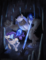 Size: 1000x1294 | Tagged: safe, artist:tranquilmind, character:rarity, species:diamond dog, cave, duo, magic
