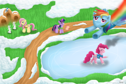 Size: 1500x1000 | Tagged: safe, artist:oggynka, character:fluttershy, character:pinkie pie, character:rainbow dash, character:twilight sparkle, species:bird, species:earth pony, species:pegasus, species:pony, species:rabbit, species:unicorn, episode:winter wrap up, g4, my little pony: friendship is magic, clothing, female, flying, grass, ice skating, mare, skating, snow, vest, winter wrap up vest