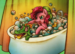 Size: 850x618 | Tagged: safe, artist:christinies, character:gummy, character:pinkie pie, bath, duo, pet, rubber duck