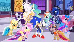 Size: 1280x720 | Tagged: safe, artist:snicketbar, character:applejack, character:fluttershy, character:pinkie pie, character:princess celestia, character:princess luna, character:rainbow dash, character:rarity, character:sonic the hedgehog, character:twilight sparkle, clothing, crossover, dress, gala dress, grand galloping gala, mane six, not this shit again, sonic the hedgehog (series), vector, window