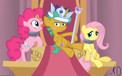 Size: 1920x1200 | Tagged: safe, artist:kyojiogami, character:fluttershy, character:pinkie pie, character:snails, collar, crown, scepter, sitting, throne, tongue out, trio
