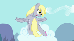 Size: 1920x1080 | Tagged: safe, artist:kyojiogami, character:derpy hooves, species:pegasus, species:pony, cloud, cloudy, cute, cutie mark, female, gum, hooves, looking down, mare, on a cloud, open mouth, plot, solo, spread wings, standing, standing on a cloud, surprised, wallpaper, wings