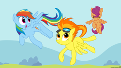 Size: 1920x1080 | Tagged: safe, artist:kyojiogami, character:rainbow dash, character:scootaloo, character:spitfire, flying lesson, scootaloo can fly, scootalove