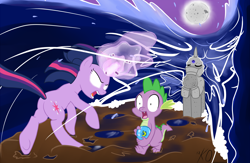 Size: 2500x1625 | Tagged: safe, artist:kyojiogami, character:spike, character:twilight sparkle, duo, gem, glowing eyes, magic, moon, statue, water