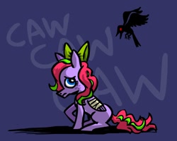 Size: 500x400 | Tagged: safe, artist:coyotecoyote, oc, oc only, oc:kimi sparkle, species:crow, species:pegasus, species:pony, bandage, bow, broken wing, caw, female, freckles, frown, injured, looking up, mare, purple background, raised hoof, sad, simple background, sitting, solo