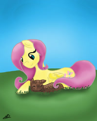 Size: 918x1152 | Tagged: safe, artist:bluesapphire97, character:fluttershy, species:deer, species:pegasus, species:pony, duo, fawn, female, folded wings, grass, lying down, mare, outdoors, prone, smiling, wings