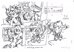 Size: 2580x1828 | Tagged: safe, artist:dereklestrange, character:blues, character:noteworthy, oc, oc:pillow case, clothing, comic, earth, hoodie, monochrome, ponies in earth, refrigerator, soda, traditional art