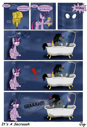 Size: 1100x1600 | Tagged: safe, artist:tikyotheenigma, character:king sombra, character:twilight sparkle, character:twilight sparkle (alicorn), species:alicorn, species:pony, bathtub, claw foot bathtub, comic, female, mare, shower, twilight scepter