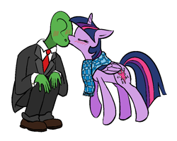 Size: 798x635 | Tagged: safe, artist:visiti, character:twilight sparkle, character:twilight sparkle (alicorn), oc, oc:anon, species:alicorn, species:pony, blushing, clothing, female, kiss on the cheek, kissing, mare, scarf