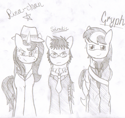 Size: 1183x1110 | Tagged: safe, artist:solratic, oc, oc only, oc:blackgryph0n, ponysona, species:earth pony, species:pegasus, species:pony, species:unicorn, blackgryph0n, clothing, monochrome, rina, rina-chan, signatures, sketch, solratic, suit