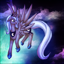 Size: 1000x1000 | Tagged: safe, artist:jewlecho, character:princess luna, cloud, cloudy, female, flying, s1 luna, solo, tongue out