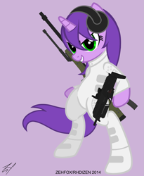 Size: 3589x4374 | Tagged: safe, artist:zehfox, oc, oc only, oc:alpha, species:pony, species:unicorn, android, bipedal, bodysuit, clothing, female, gun, hooves, horn, l96, latex, mare, mp7, purple underwear, rifle, robot, signature, simple background, smiling, sniper rifle, solo, submachinegun, teeth, underwear, weapon