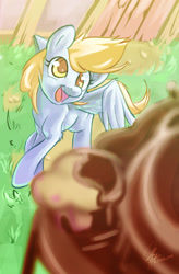 Size: 1600x2432 | Tagged: safe, artist:chingilin, character:derpy hooves, species:pegasus, species:pony, chocolate fountain, female, food, fountain, mare, muffin, scene interpretation, solo