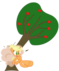 Size: 1890x2268 | Tagged: safe, artist:dbapplejack, character:applejack, alternate hairstyle, applebucking, female, hatless, missing accessory, semi-anthro, simple background, solo, tree