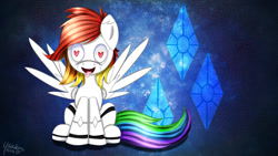 Size: 1191x670 | Tagged: dead source, safe, artist:yuukon, oc, oc only, oc:tei, species:pegasus, species:pony, cutie mark, cutie mark background, heart, heart eyes, rainbow hair, robot, solo, spread wings, tongue out, wallpaper, wingding eyes, wings